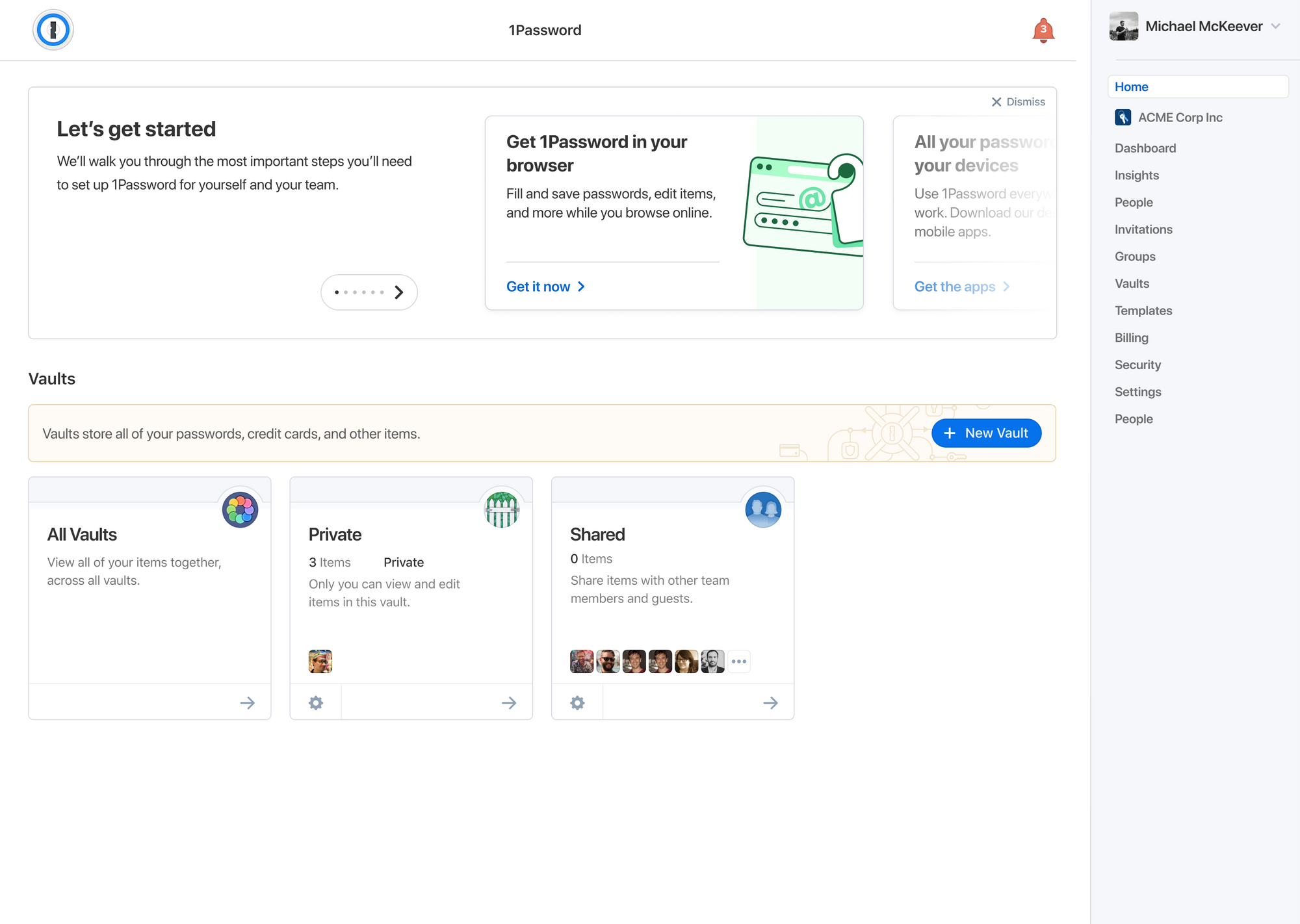 Onboarding panel for 1Password Admin Console